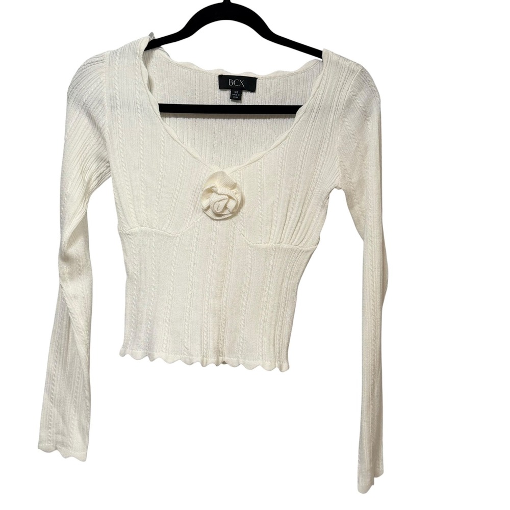 BCX Womens White Cable Knit Rosette Sweetheart Lettuce Hem Top XS